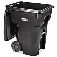 a black trash can with wheels and a lid